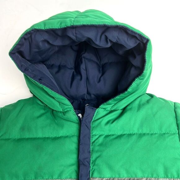 Hanna Andersson Boys Navy Gray Green Down Jacket Puffer With Hood Size 80 US 2 - Picture 2 of 9